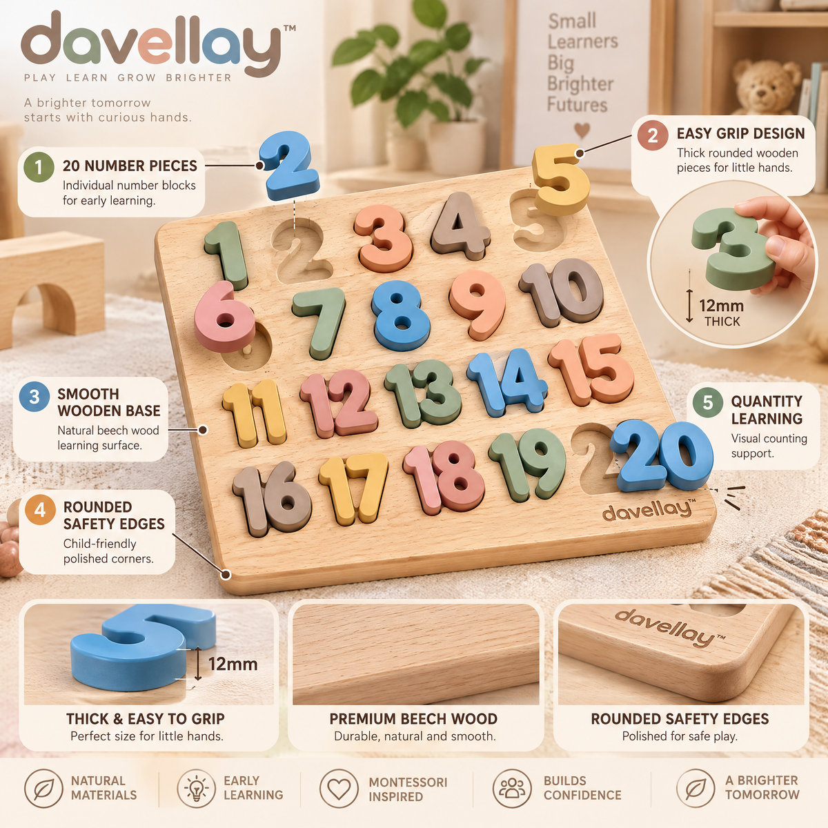 davellay™ Number Discovery Wooden Learning Board